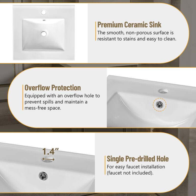 Compact 20" Bathroom Vanity with Ceramic Sink, Soft Close Door, Adjustable Shelf & Vintage Metal Handle