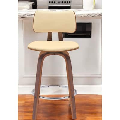 26" Cream And Wood Brown Faux Leather Swivel Low Back Counter Height Bar Chair