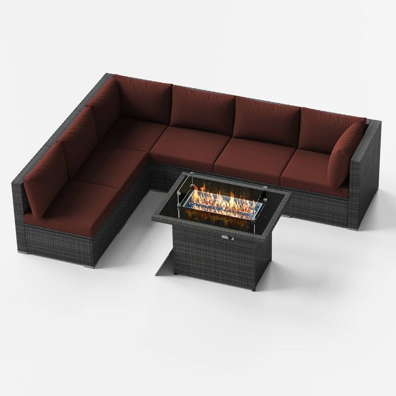 FINCATI Outdoor 7-piece High-back Wicker Patio Sectional Set with 43'' Fire Pit Table, 500 lbs Luxury Oversized Conversation Set