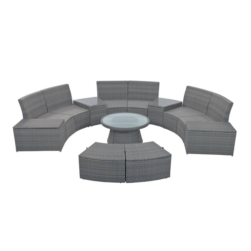 All Weather 10 Piece Outdoor PE Wicker Sectional Sofa Set Half Round Patio Rattan Conversation Set with Storage Box