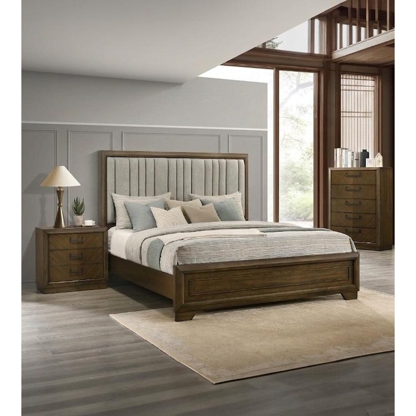 Brown Upholstered Panel Bed Chest Nightstand Set 3pc Bedroom Wooden Furniture