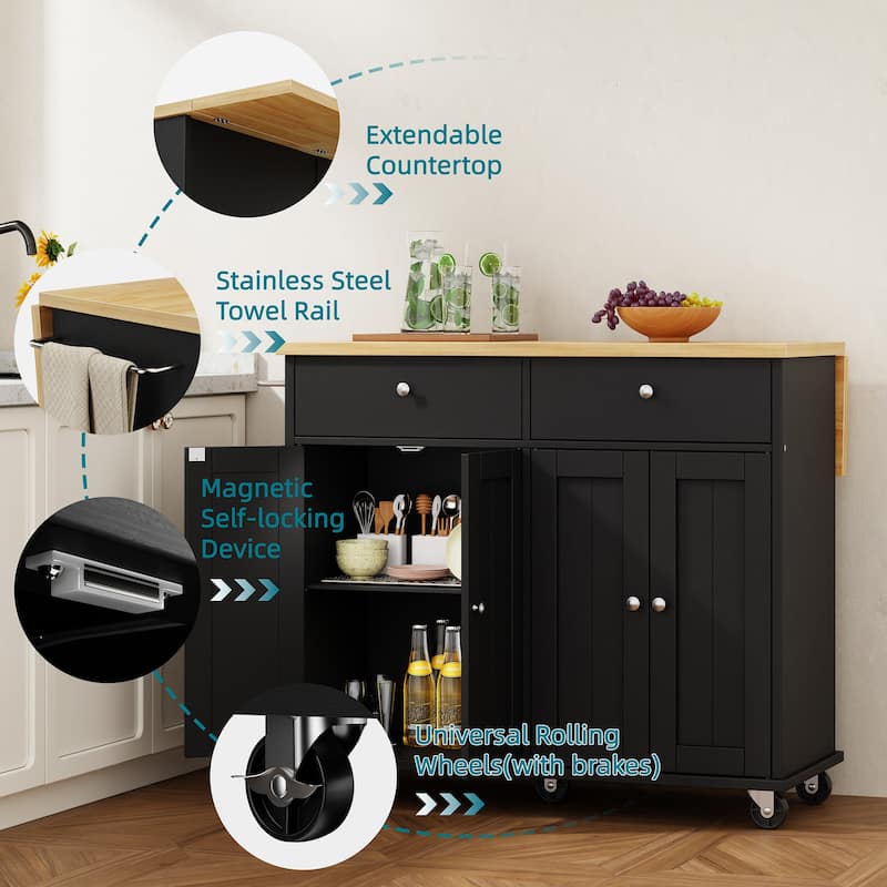 Kitchen Storage Island with 2 Drawers & Extendable Countertop - Rolling Storage Cart with Towel Rail, Lockable Wheels