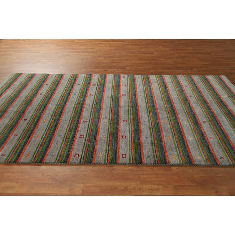 Striped Gabbeh Indian Area Rug Handmade Wool Carpet - 5'4" x 9'8"