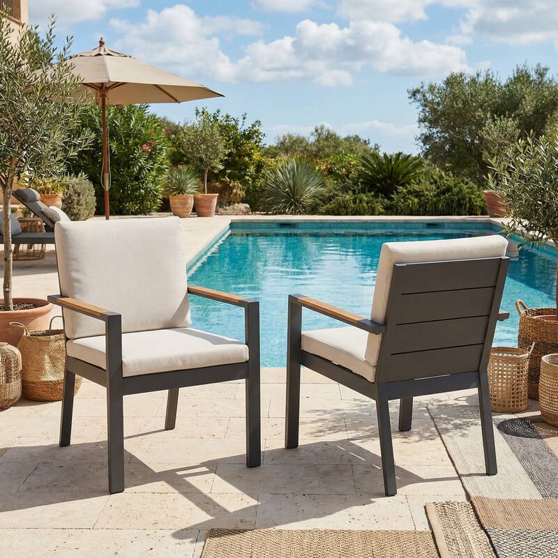 Outdoor Aluminum Dining Chair, Rust-Proof Patio Dining Chairs with Removable Cushions & Faux Wood Armrests - 2 Pieces Black