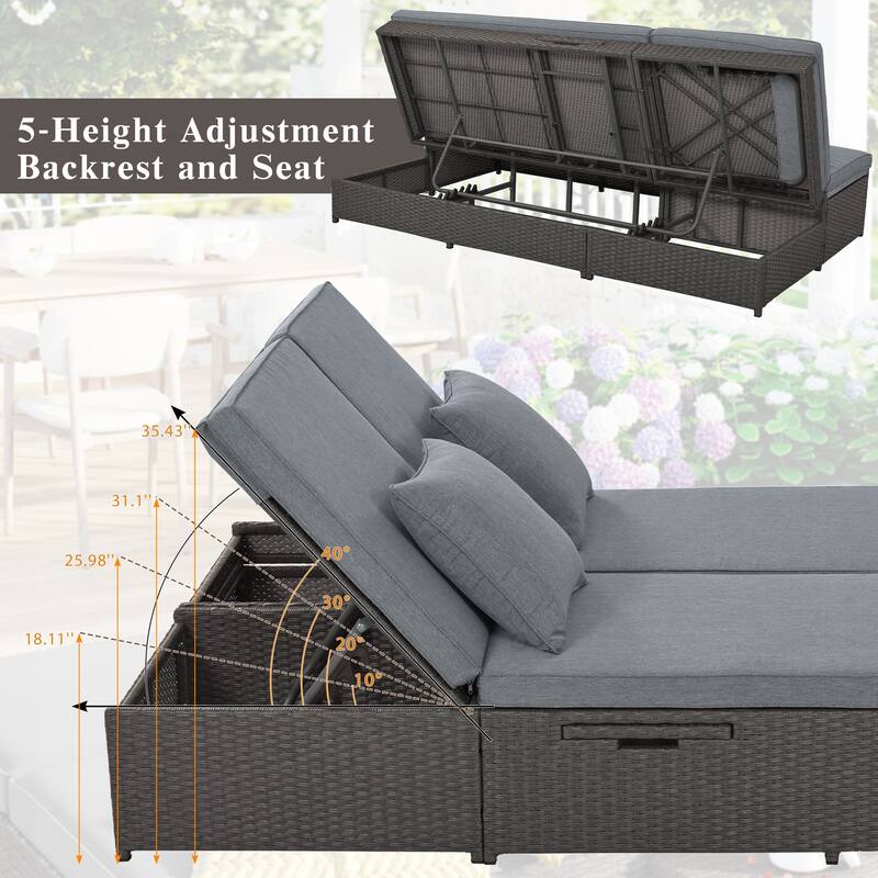 Outdoor Patio Rattan Double Daybed Sunbed with Adjustable Backrest and Seat
