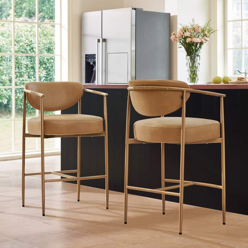 Spruce & Spring Modern Counter Stool with Gold Metal Frame and Woven Strap Arm - Set of 2 - Brown