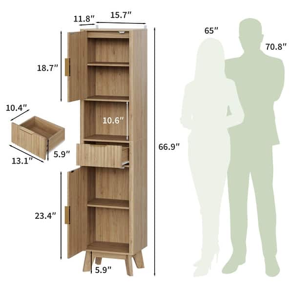 dimension image slide 1 of 3, Garvee 67" Tall Freestanding Narrow Raised Bathroom Laundry Storage Cabinet with Drawer