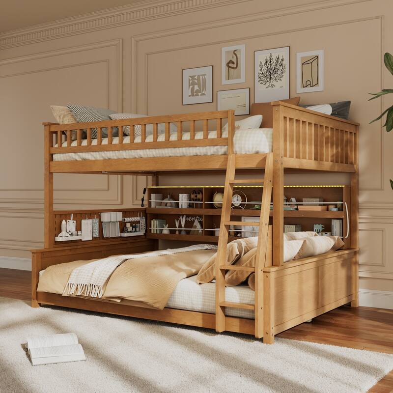 Full XL over Queen Bunk Bed with Integrated Shelving, Color-Changing Lights and Pegboard - Brown