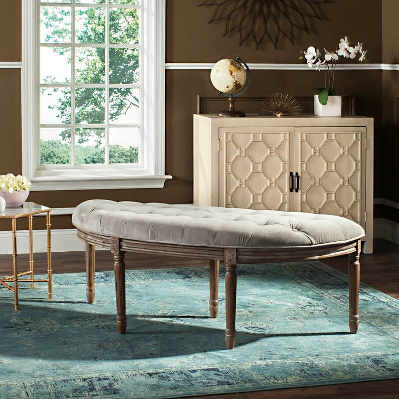 SAFAVIEH Kerasoula Rustic Semi Circle Bench - 50" W x 19.3" D x 19.3" H - 50Wx19Dx19H - Grey Velvet/Rustic Oak