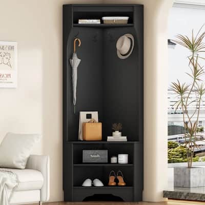 Modern Corner Hall Tree Coat Rack with Shoe Bench Storage Cabinet and Hooks Entryway Organizer - 29.5" x 71.6