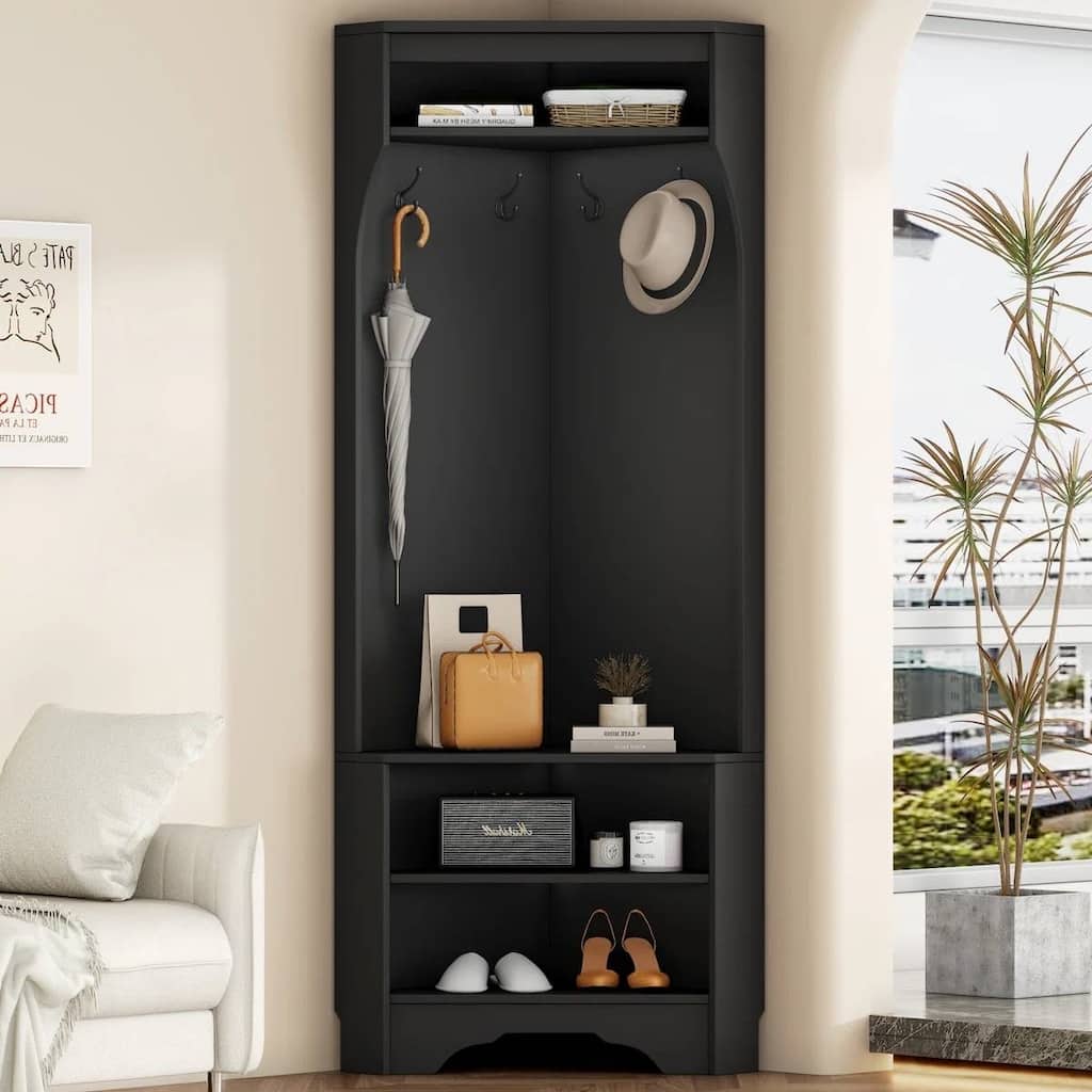 Modern Corner Hall Tree Coat Rack with Shoe Bench Storage Cabinet and Hooks Entryway Organizer - 29.5" x 71.6