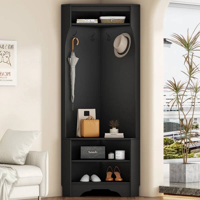 Modern Corner Hall Tree Coat Rack with Shoe Bench Storage Cabinet and Hooks Entryway Organizer - 29.5" x 71.6