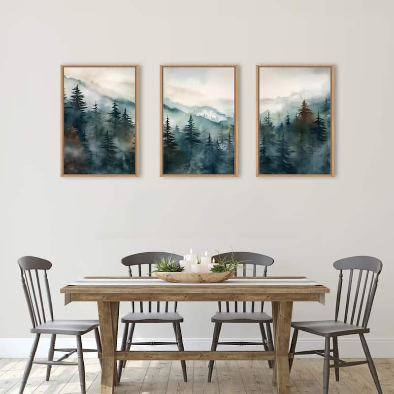 Nature Landscape Wall Decor, Foggy Mountain Pine Trees Wall Painting