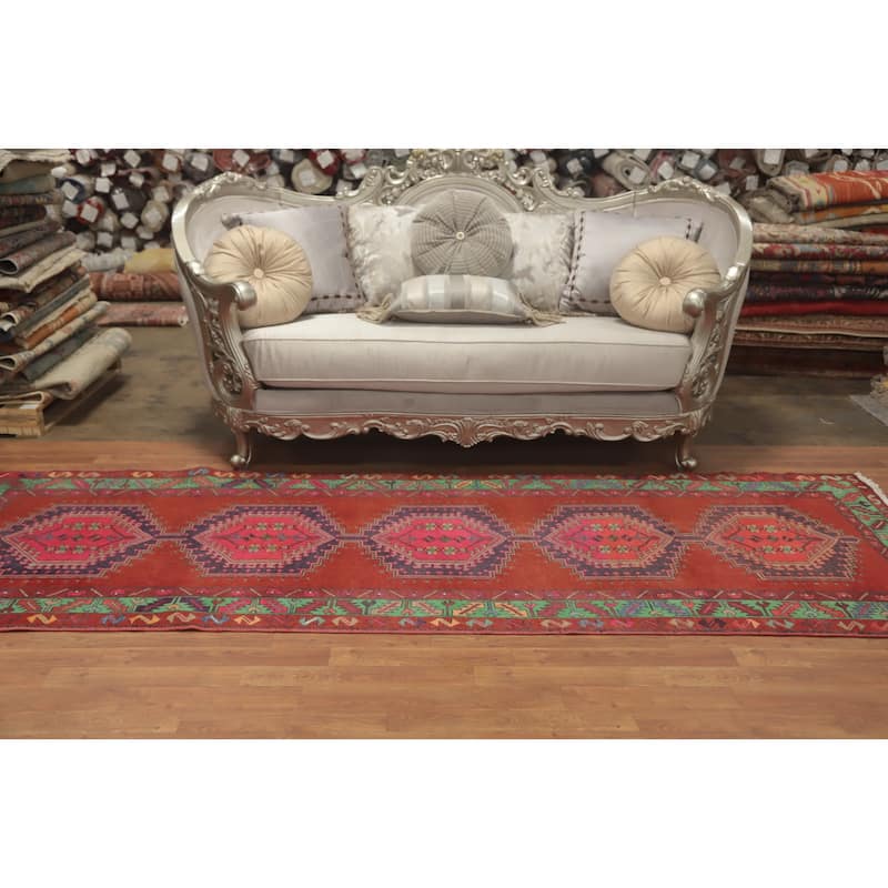Hand Knotted Oriental 100% Wool Carpet Traditional Geometric Oranges & Rust Ardebil Runner Rug - 10' 3'' X 3' 8''