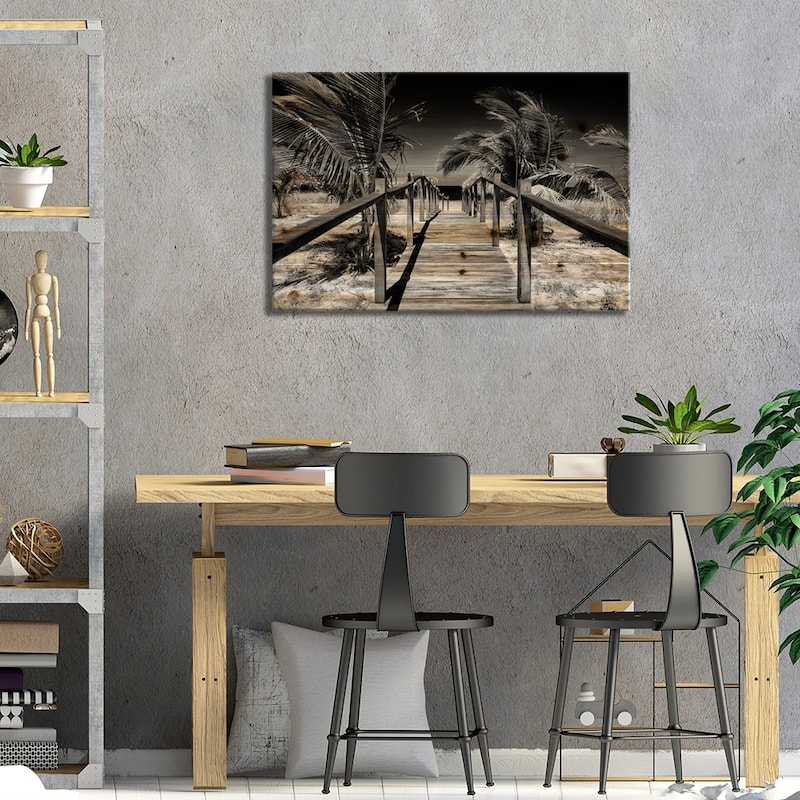 Wooden Pier on Tropical Beach VI in B&W Print On Wood by Philippe Hugonnard - Multi-Color
