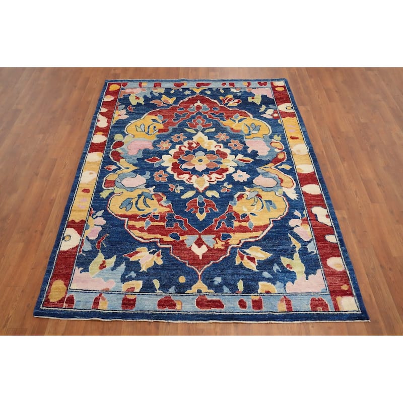 Hand Knotted Oriental 100% Wool Carpet Transitional Floral Navy Blue & Blues Oushak Area Rug - 6' 7'' X 5' 0''
