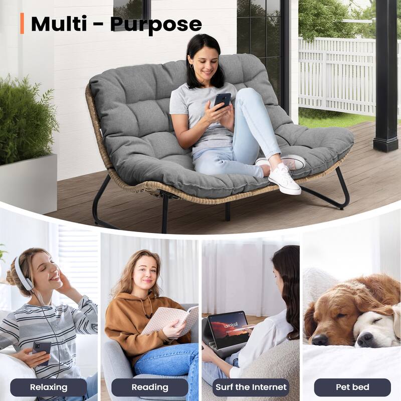 All-Weather Papasan PE Rattan Chair Single Loveseat Sets with Cushion For Indoor Outdoor