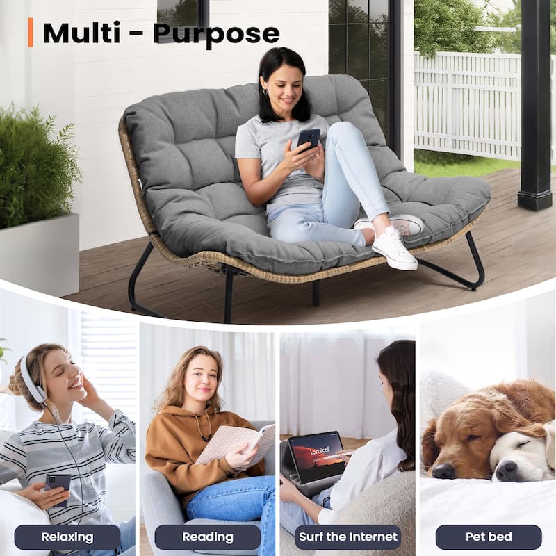 Double Papasan PE Rattan Chair Loveseat with Cushion For Indoor Outdoor