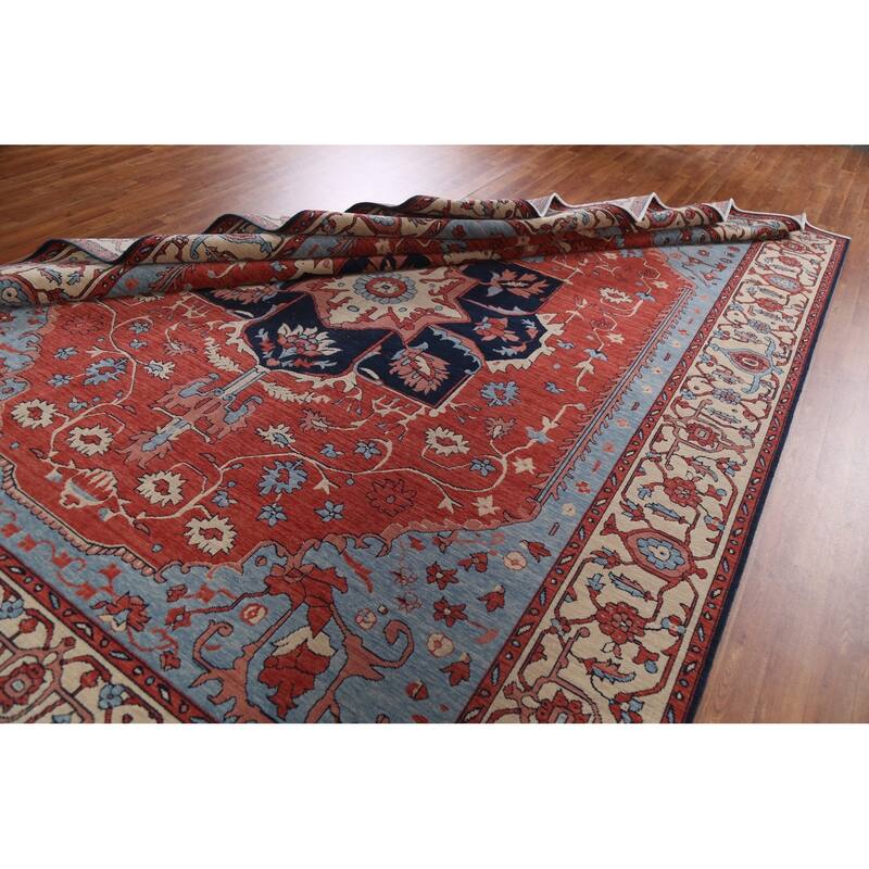 Red/ Ivory/ Blue Heriz Serapi Turkish Area Rug Handmade Wool Carpet - 9'0" x 12'0"