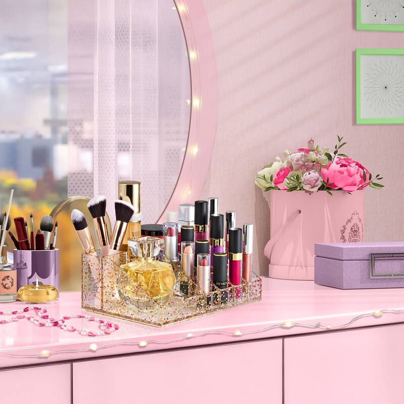 Sorbus 16 Slot Glitter Acrylic Makeup Organizer for Vanity and Bathroom - 8.75" L x 6" W x 3" H
