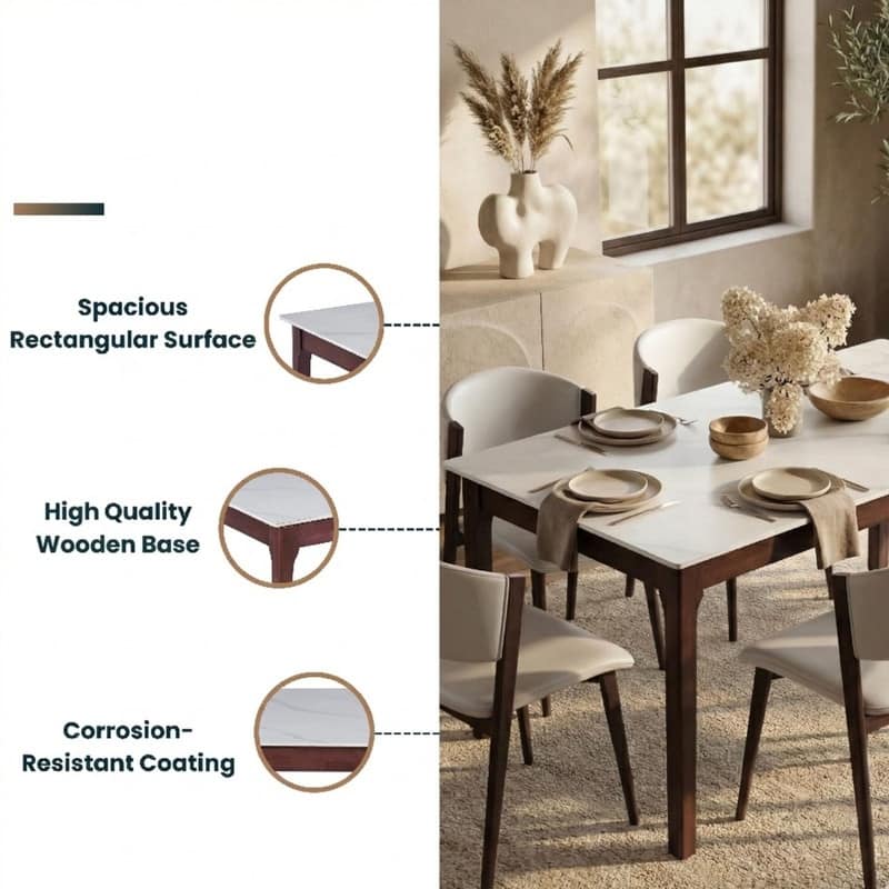 Mina Sintered Stone Rectangular Dining Table - Modern Scratch & Heat Resistant Kitchen Table with Solid Rubberwood Legs