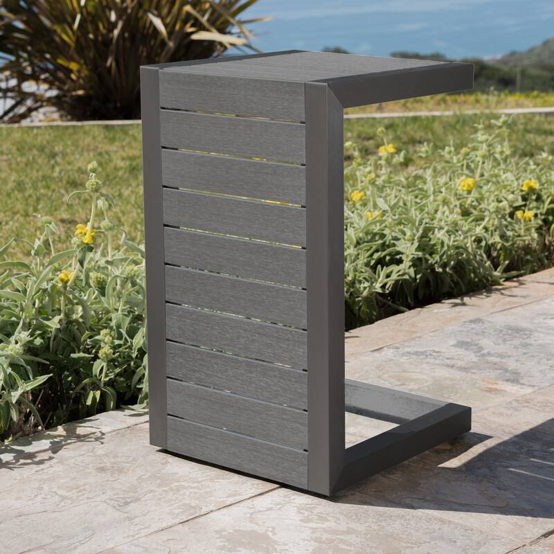 Roomfitters Modern Outdoor Side Table with Slatted Aluminium Frame, Weather-Resistant Accent Table for Patio
