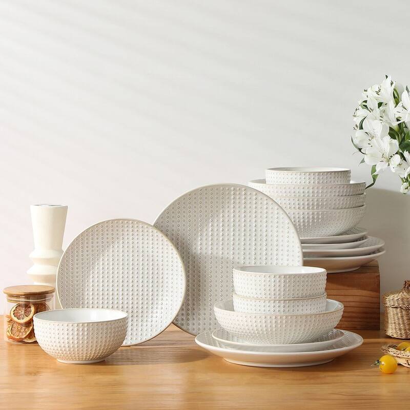 MALACASA LYDIA Embossed Stoneware 16-Piece Dinnerware Set - Vintage Diamond Reliefs - White