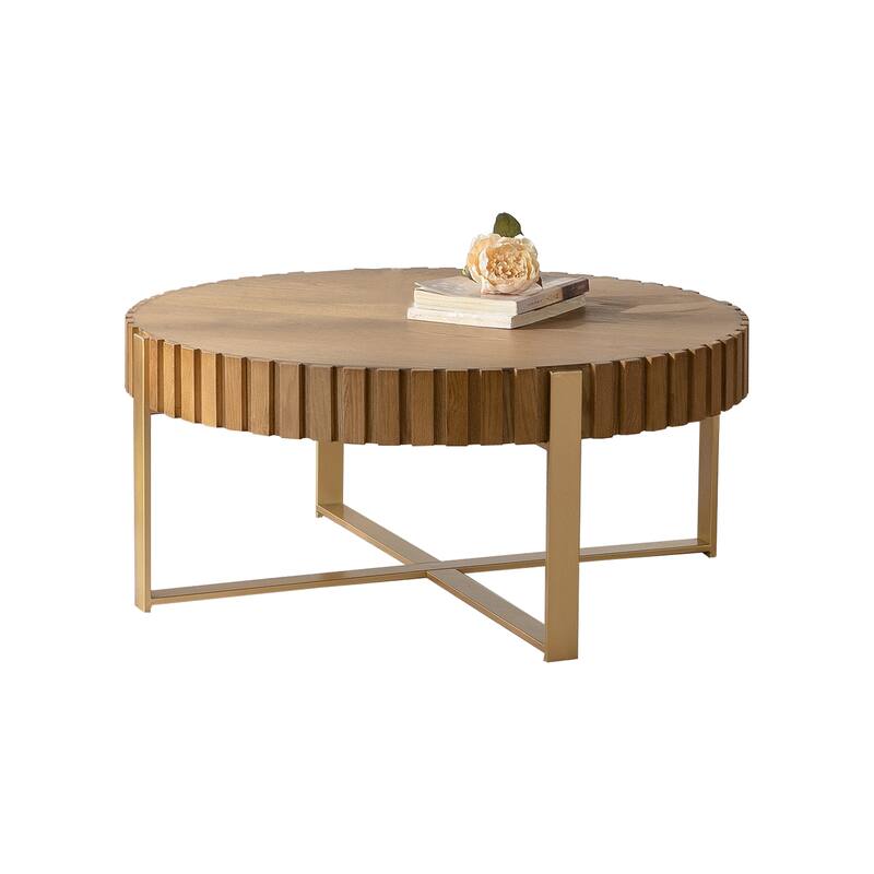 Modern Round 2 Tier Coffee Table Olive Shaped Coffee Table with 4 Metal Legs Handmade Relief and Base, for Living Room