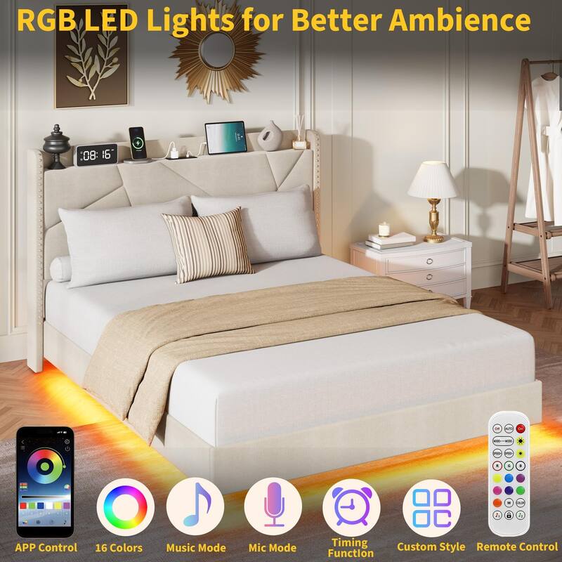 Floating Bed Frame, with RGB LED Lights and Charging Station