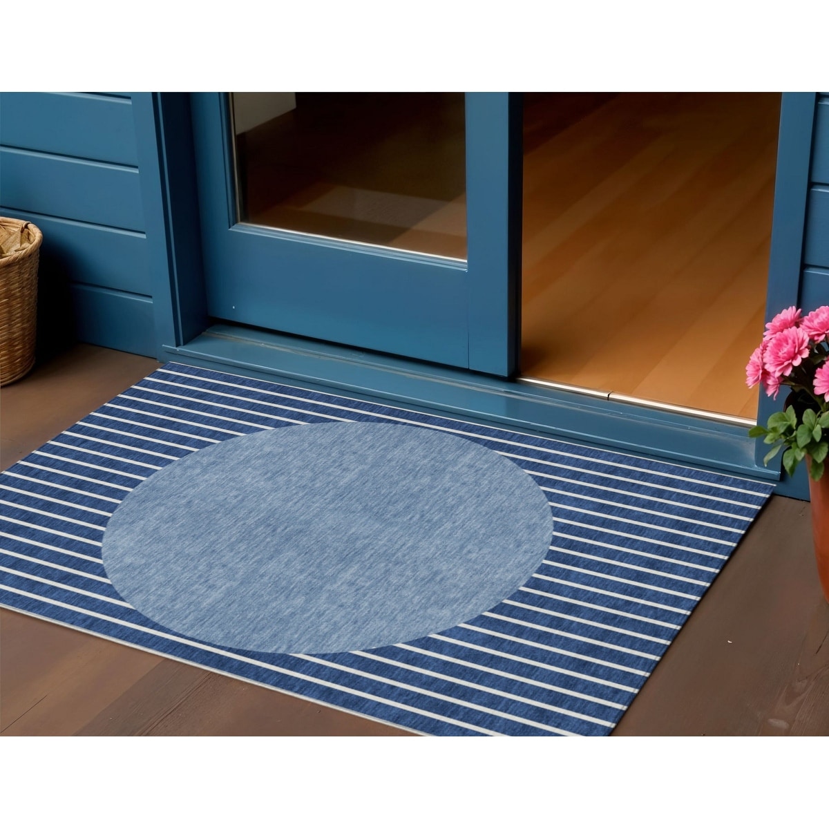 3' X 5' Navy Blue And Gray Striped Washable Indoor Outdoor Area Rug - 3' x 6'