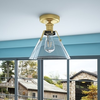 Vintage Gold 1-Light Bell Shape Transparent Glass Style Semi Flush ...