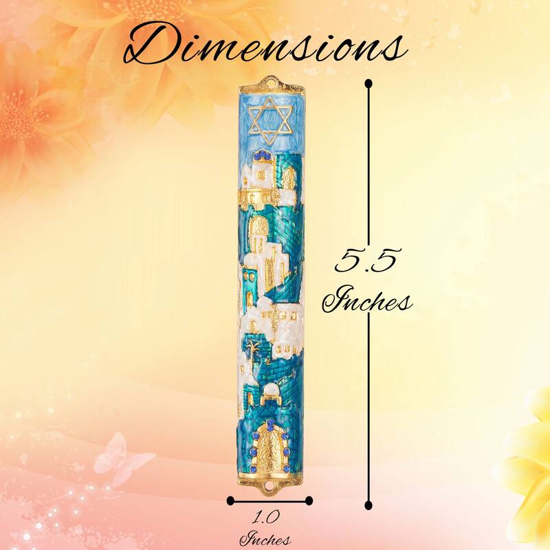 Matashi Hand Painted 5.5" Blue and Ivory Enamel Jerusalem Cityscape Mezuzah Embellished with Gold Accents and Star of David
