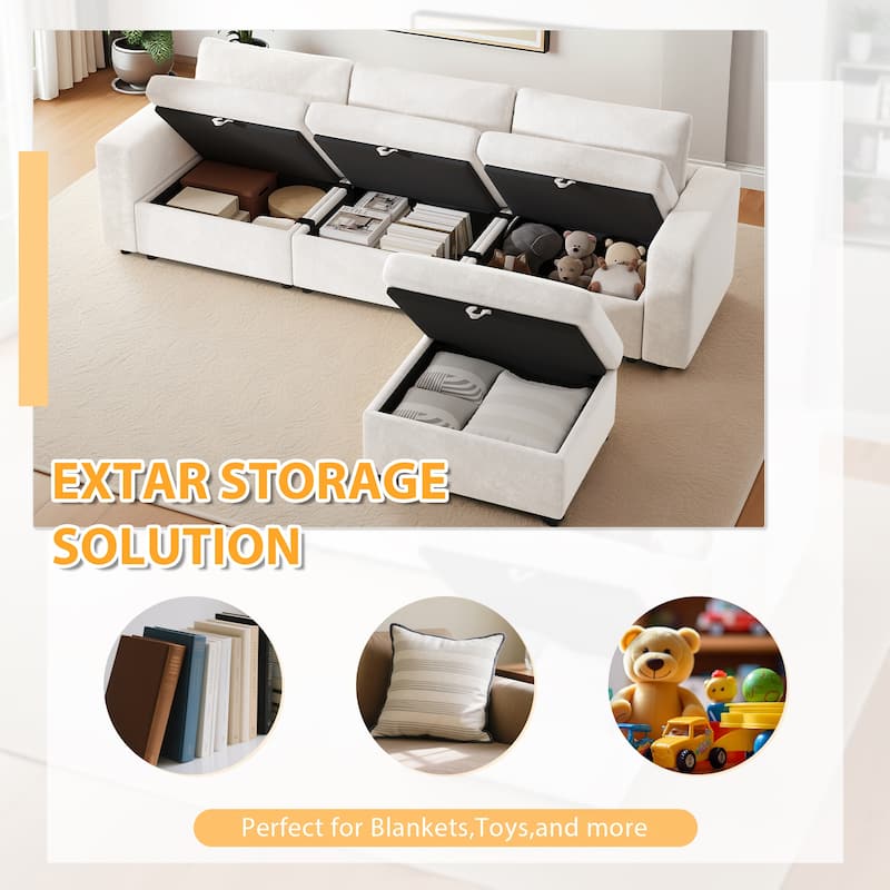 Velvet Upholstered Modular Deep Seating Couches L-shaped Chaise Sectional Sofa with Side Pockets, Storage Ottoman and Seat