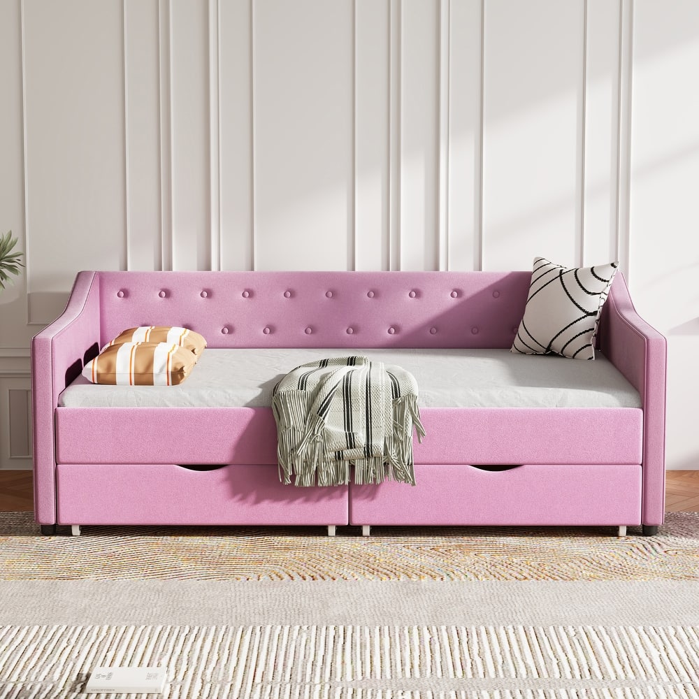 Linen Upholstered Daybed with 2 Drawers, Wooden Platform Sofa Bed Frame with Button Tufted Backrest, No Box Spring Needed