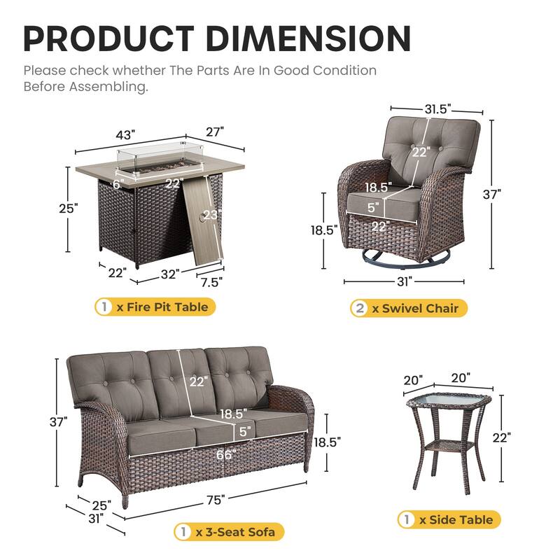 Gymojoy Outdoor Wicker Patio Furniture Sofa Set with 55,000 BTU Fire Pit Table, Swivel Chairs, Ottomans & Side Tables