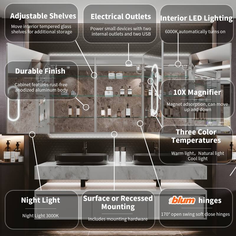 36'' H Recessed or Surface Mounted Bathroom LED Mirror Cabinet With Defogger, Dimmer, 10x magnifying