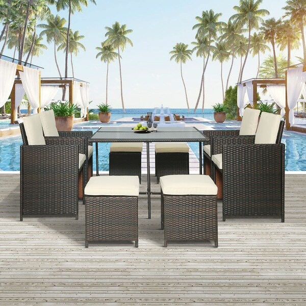 9-Piece Outdoor Rattan Wicker Patio Dining Set with Cushions. Opens flyout.