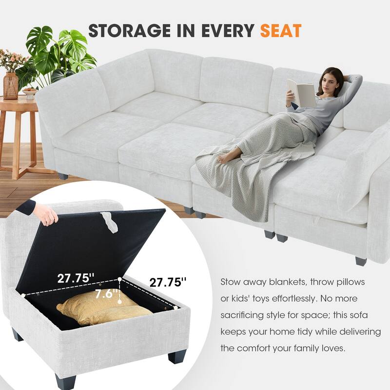GDFStudio - Chenille Fabric 8-Seat 128" Modular Sectional Sofa with Storage & Solid Wood Frame