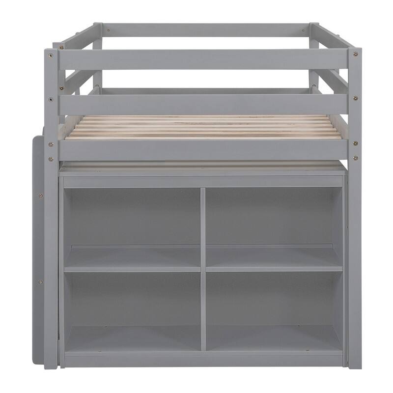 Twin/Full Size Low Loft Bed with Retractable Writing Desk and 4 Drawers, Wooden Loft Bedframe w/ Lateral Portable Desk & Shelves
