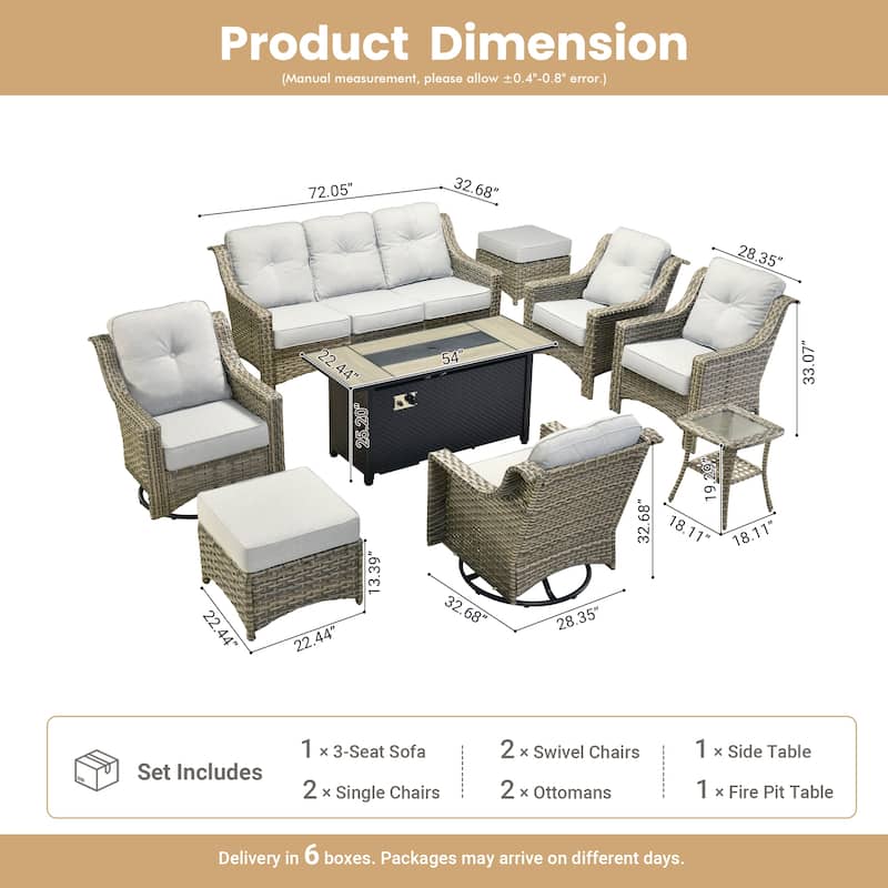 OVIOS 9 Pieces Outdoor Swivel Chairs Set with 54" Fire Table​
