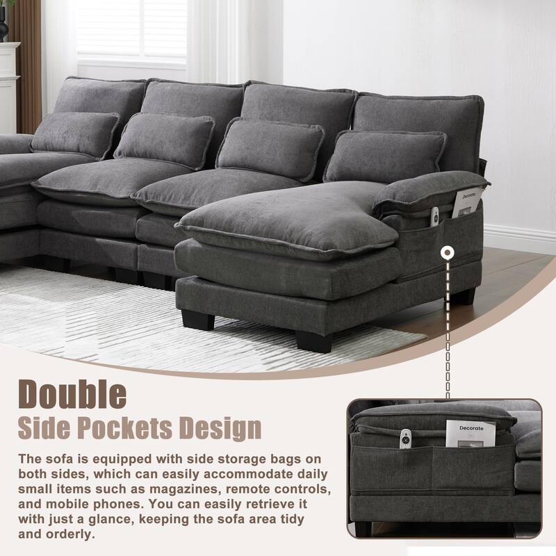 Symmetrical Chenille Upholstered Sectional Sofa U-shaped Cloud Couch with Double Chaise, Side Pockets and Double-layer Cushions