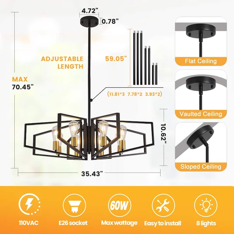 8-Light Modern Round Chandelier, Luxury Chandelier Fixture for Kitchen Island Bedroom Hotel Dia 35 Inches, Adjustable Height