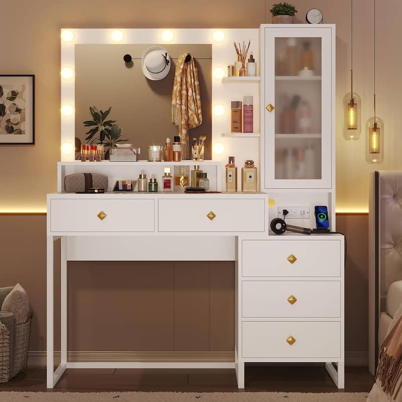 Makeup Vanity with Charging Station Mirror with Lights 5 Drawers