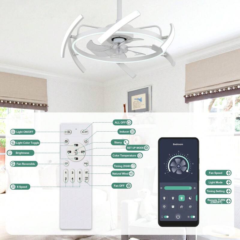 Cusp Barn 24 Inch Modern DIY Ceiling Fan with Dimmable LED Light, Silent DC Motor, 3 Color Changing Light Fixtures for Bedroom