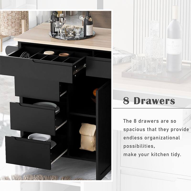 Kitchen Cart With Rubber Wood Countertop, Large Storage Space Flatware Organizer With Spice Rack, Towel Rack