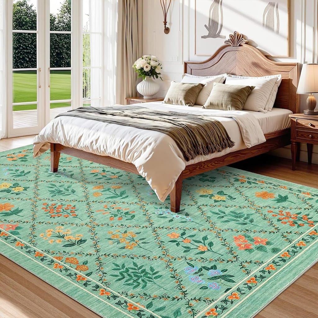 Vintage Floral Washbale Floor Cover Area Rug for Bedroom, Living Room, Light Green - 1'6" x 2'6"