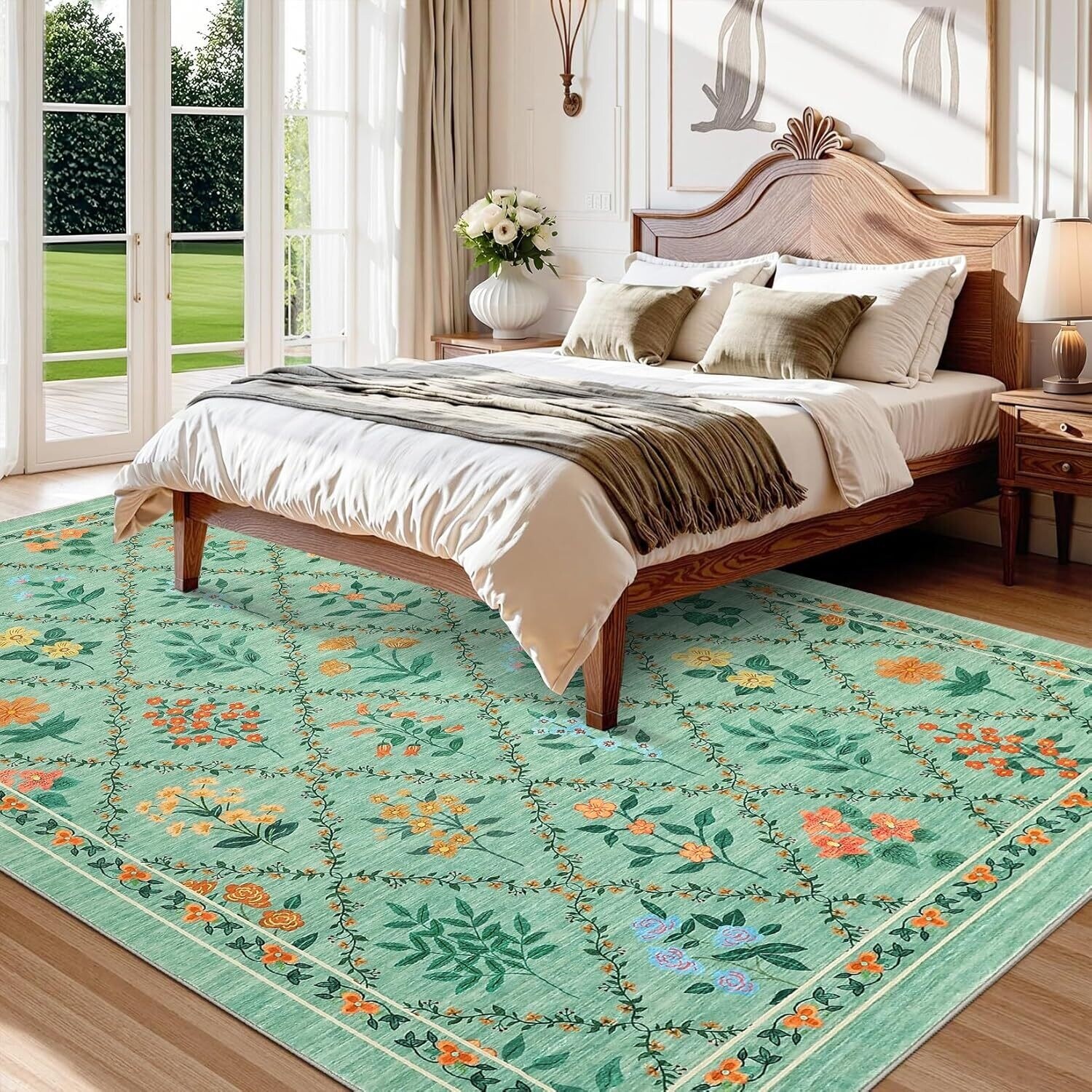 Vintage Floral Washbale Floor Cover Area Rug for Bedroom, Living