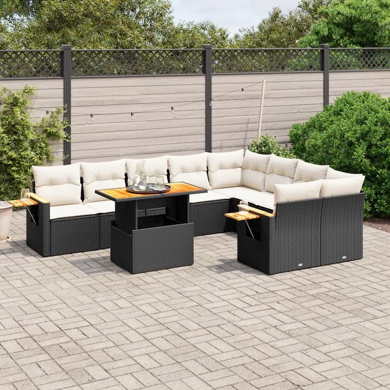 vidaXL Patio Sofa Set with Cushions Outdoor Furniture 10 Piece Poly Rattan - 21.7 x 39.4 x 28.7 in - Black and cream