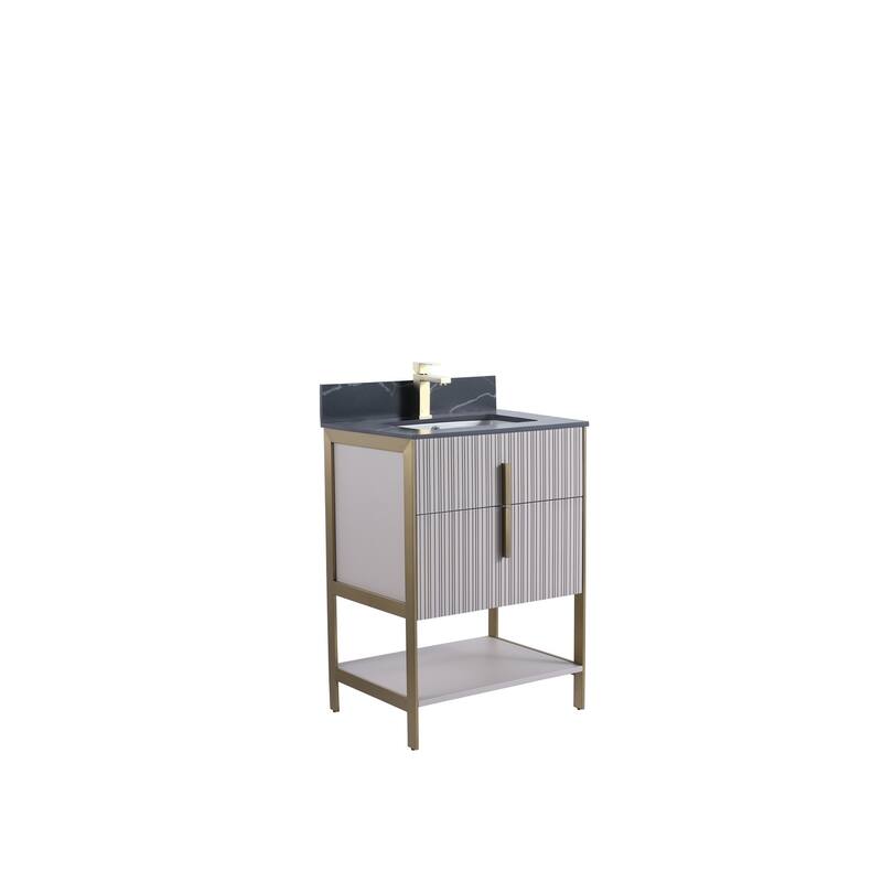 Fine Fixtures Serenity Modern Bathroom Vanity with Black Sintered Stone Top - Bright Taupe - Brass Hardware - 24 inch