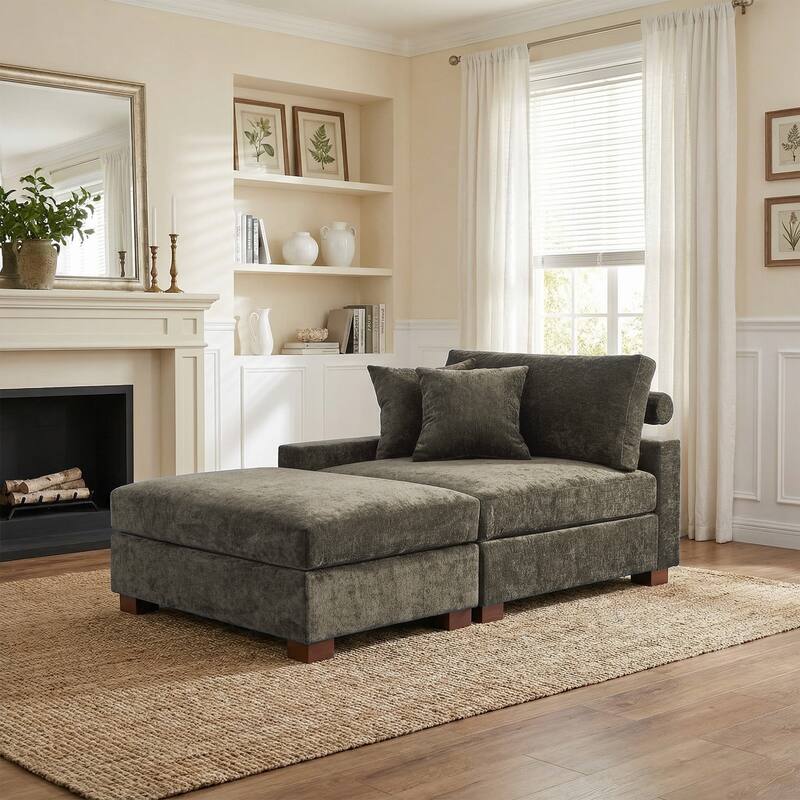 Plush Chenille Single Modular Sectional Sofa Chaise with Pillows - Camel-Sofa+OT L - Left Facing